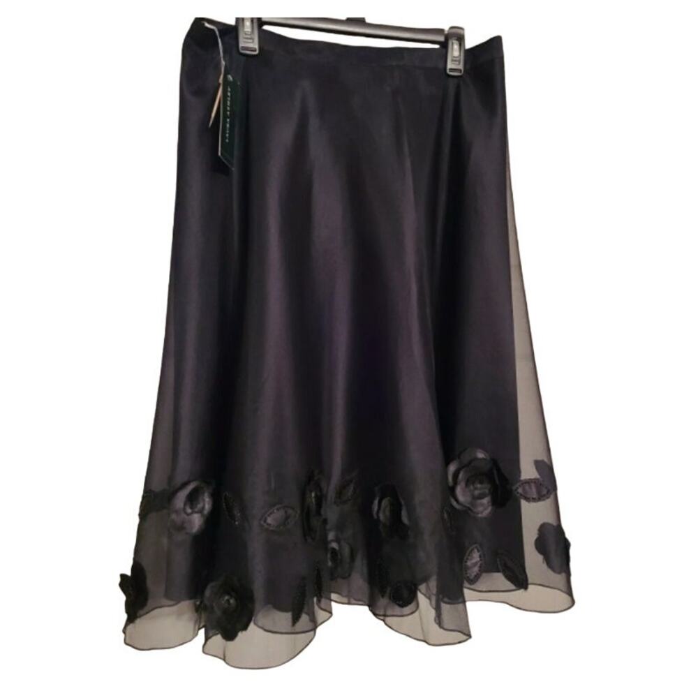 Laura Ashley Black Silk A Line Chiffon Tulle Midi Skirt 4P 4 Whimsigoth NEW NWT